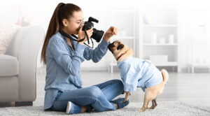 Teenage girl taking photo of cute pug dog at home