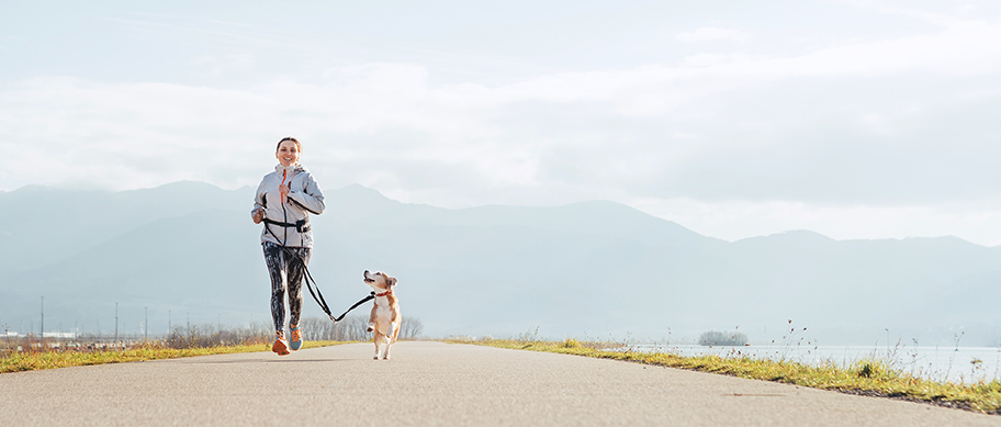 Bright sunny Morning. Happy person runs with dog.