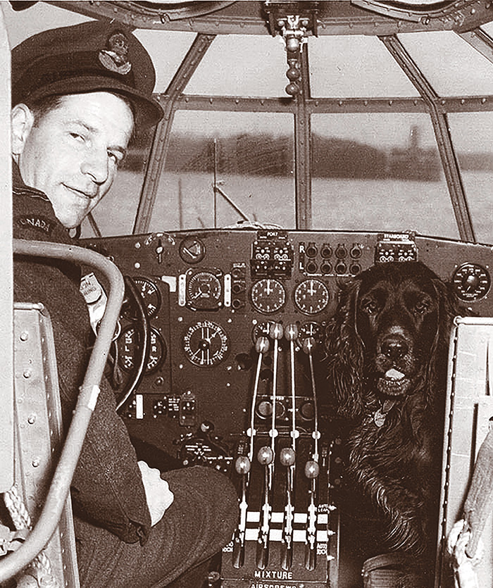 422 Squadron RCAF mascot Straddle takes the co-pilot's seat in a Short Sunderland flying boat. 422 flew the massive Sunderlands on coastal and submarine patrols, and Straddle was known to actually go on these patrols.